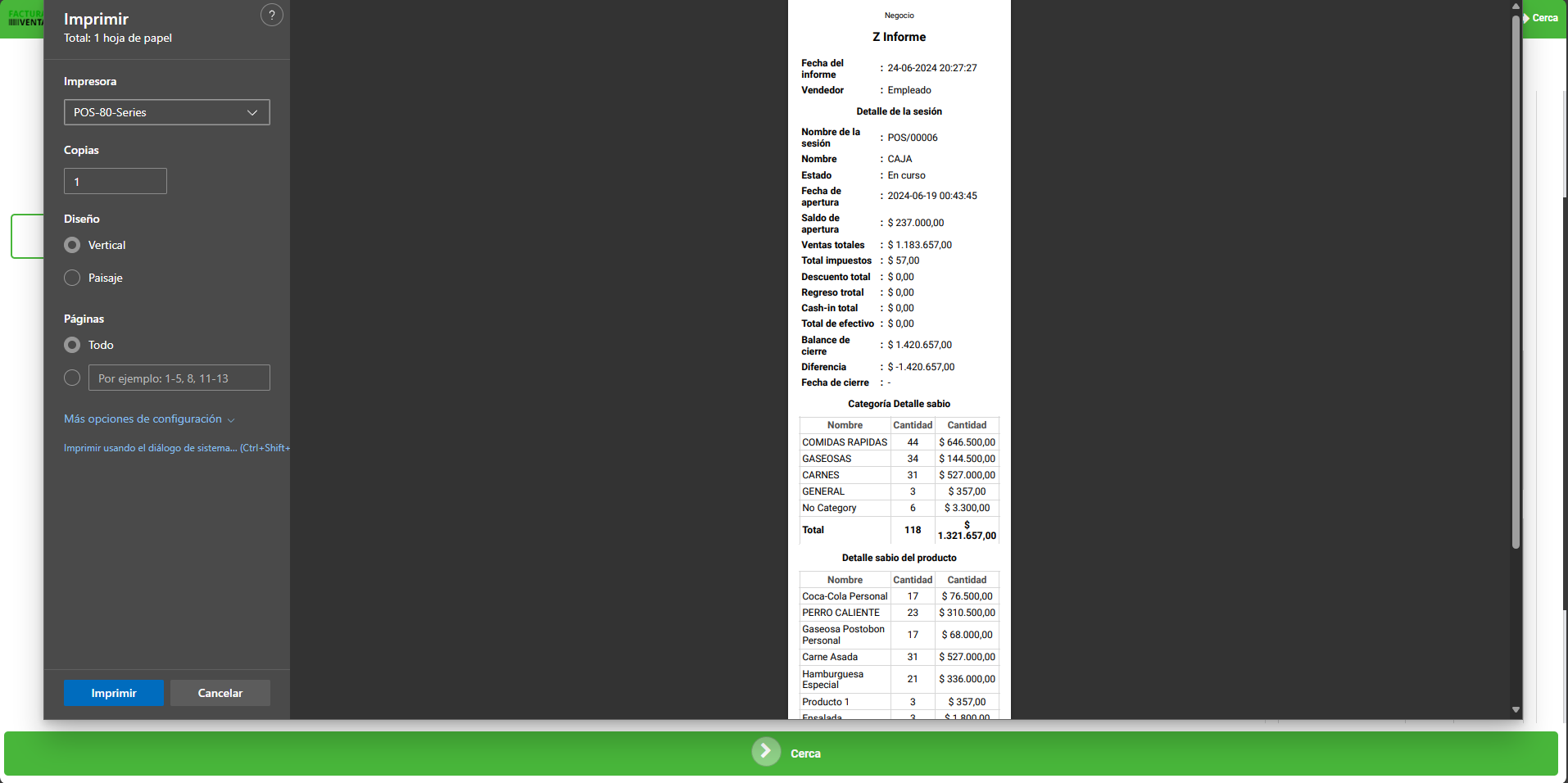 Cierres de caja e informe Z para restaurantes