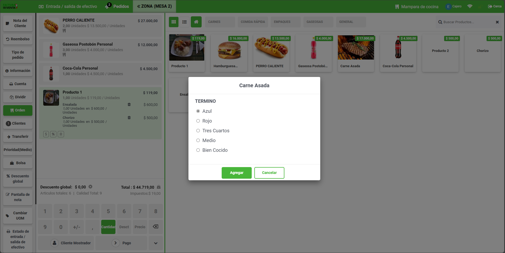 Atributos y variantes de productos en menú