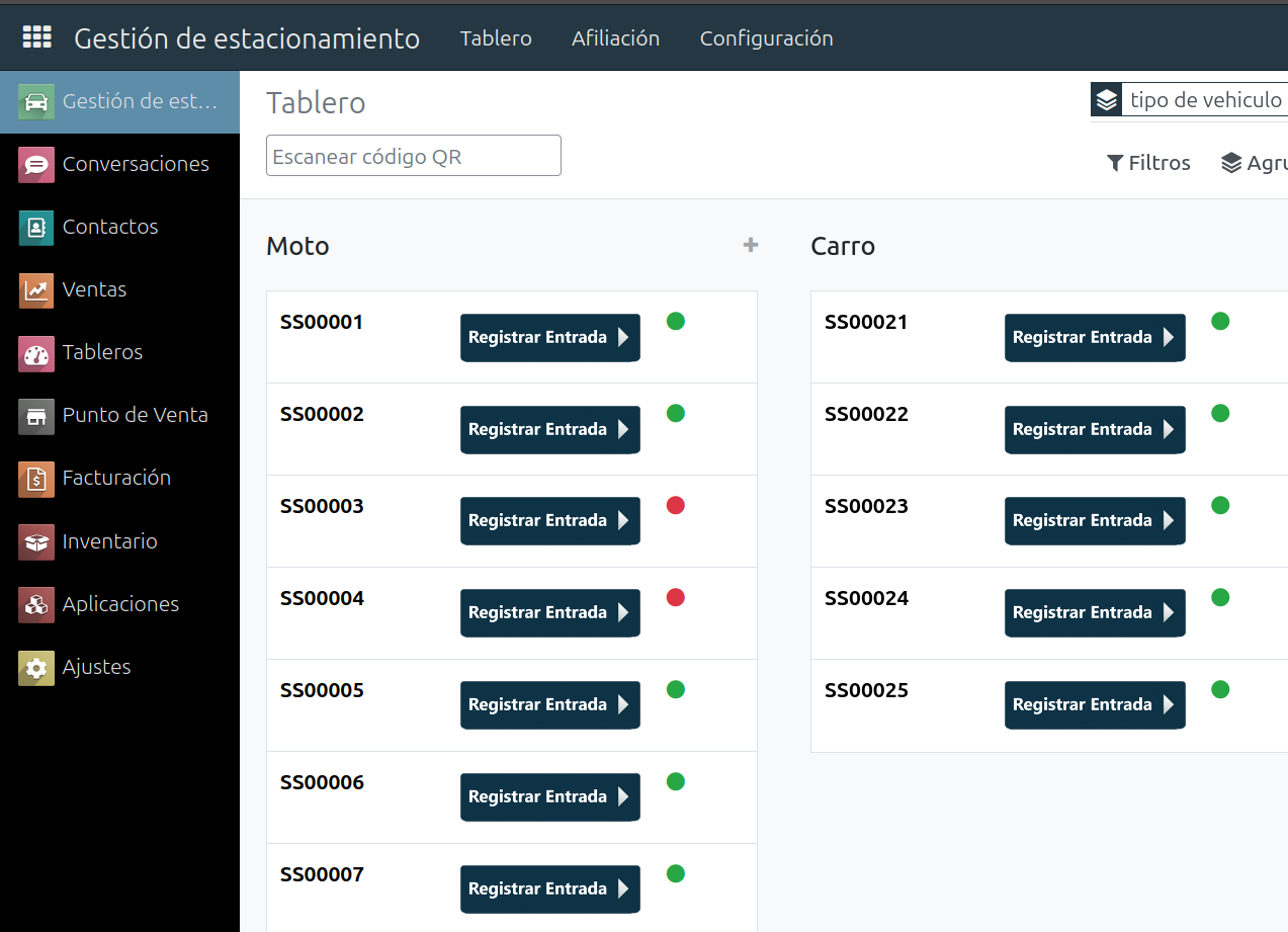 Panel control parqueadero con estado espacios